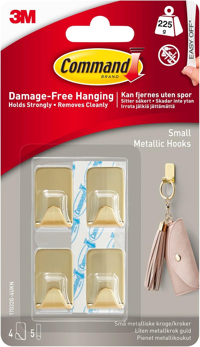 Command Small Metallic Hooks Gold Colour 4 Hooks 5 Strips Damage Free Hanging