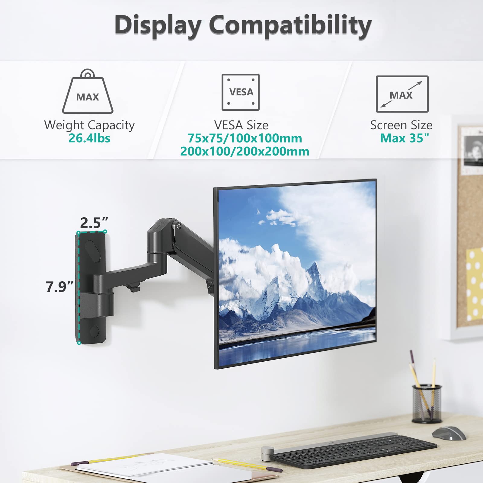 WALI Single Monitor Wall Mount, Computer Wall Mount Monitor Arm Holds up to 19.8lbs, Heavy Duty Gas Spring Single Arm Screen up to 35 Inch, Fully Adjustable Computer Stand (GSWM001XL), Black