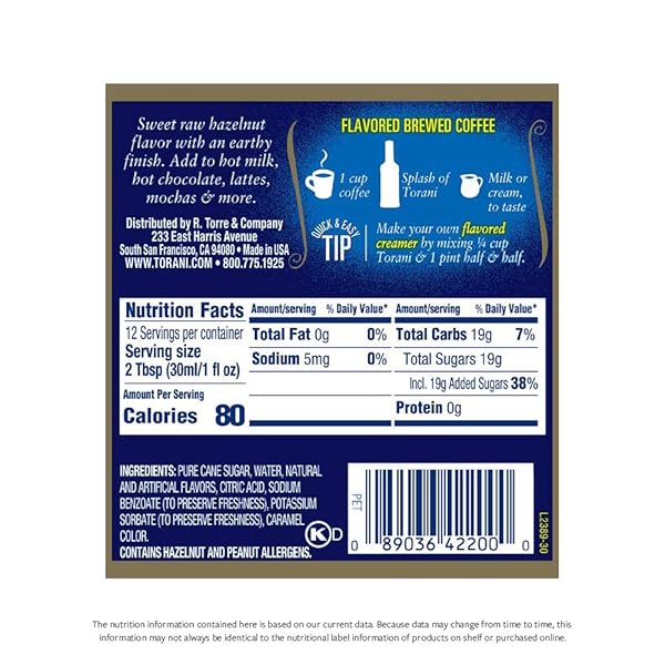 TORANI SYRUP, HAZELNUT, 12.7 OZ