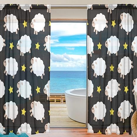 Amazon レースカーテン シェードカーテン 2枚 おしゃれ ブラック 黒 星柄 羊 動物 カーテン ドア 窓 薄手 部屋カーテン 断熱 遮熱 140 198cm レースカーテン オンライン通販