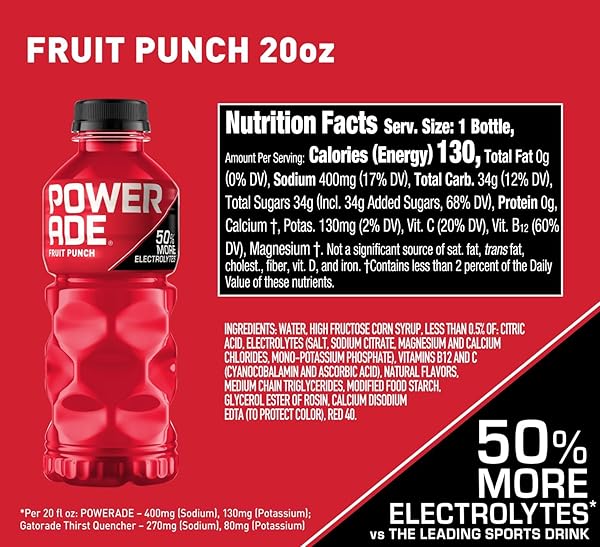 POWERADE FRUIT PUNCH, ELECTROLYTE ENHANCED SPORTS DRINK, 20 FL OZ BOTTLES, 8 PACK