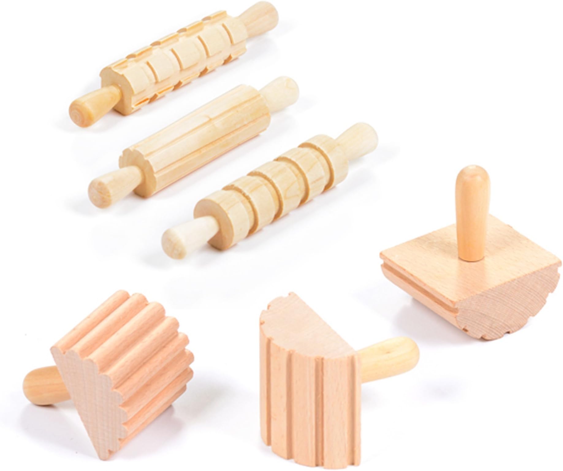 Early Excellence Set Of Play Dough Pattern Textured Doh Tools Stampers 6 Pcs Natural Wooden Rolling Pin