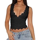 Women Y2K Crop Tops Solid Color Lace Trim Deep V Neck Slim Fit Backless Sleeveless Going Out Tank Tops Streetwear