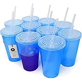 Rolling Sands 22 oz Color Changing Plastic Cups with Lids, 10 Pack, USA Made Reusable Tumblers; Includes 10 Reusable Straws; Dishwasher Safe, Blue to Purple