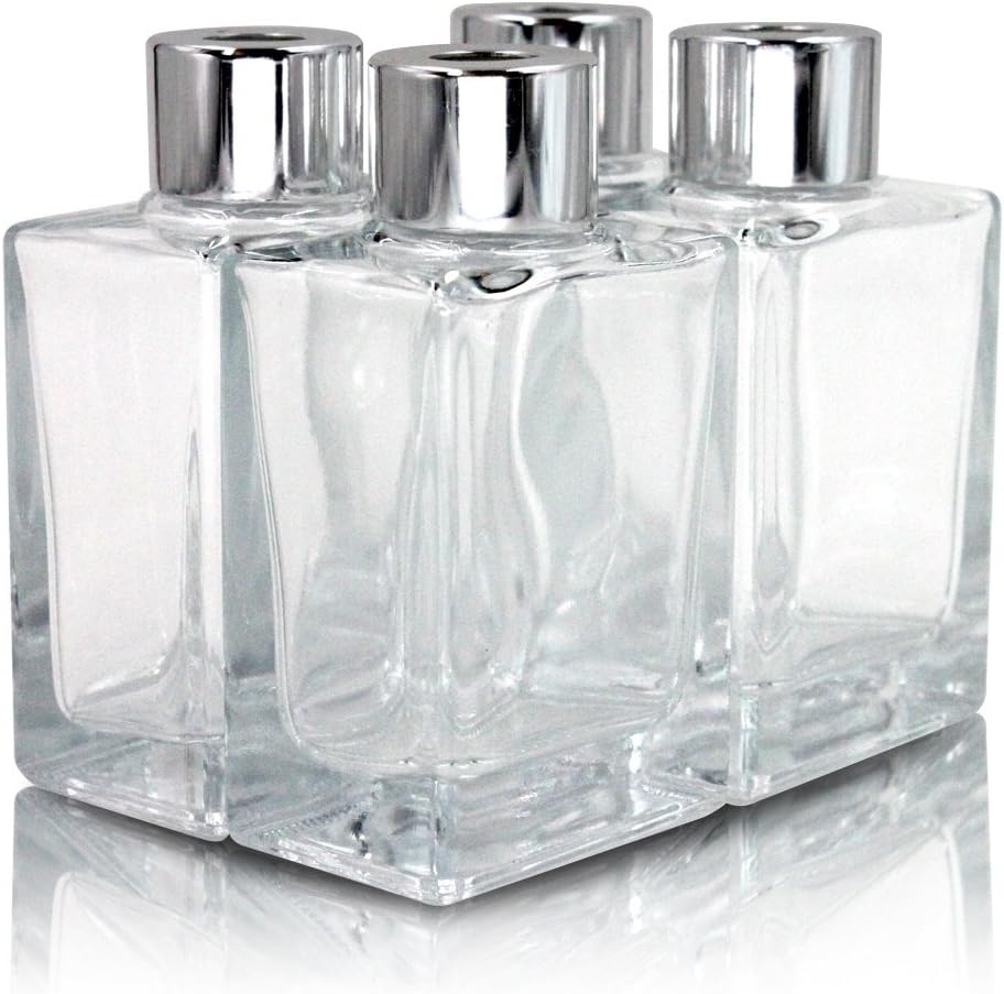 Frandy House Glass Diffuser Bottles with Silver Caps Refillable Diffuser Bottles Set of 4-3.3" High, 40ml 1.4 fl oz. Small Cuboid-Shape, Fragrance Accessories Use for DIY Replacement Reed Diffuser