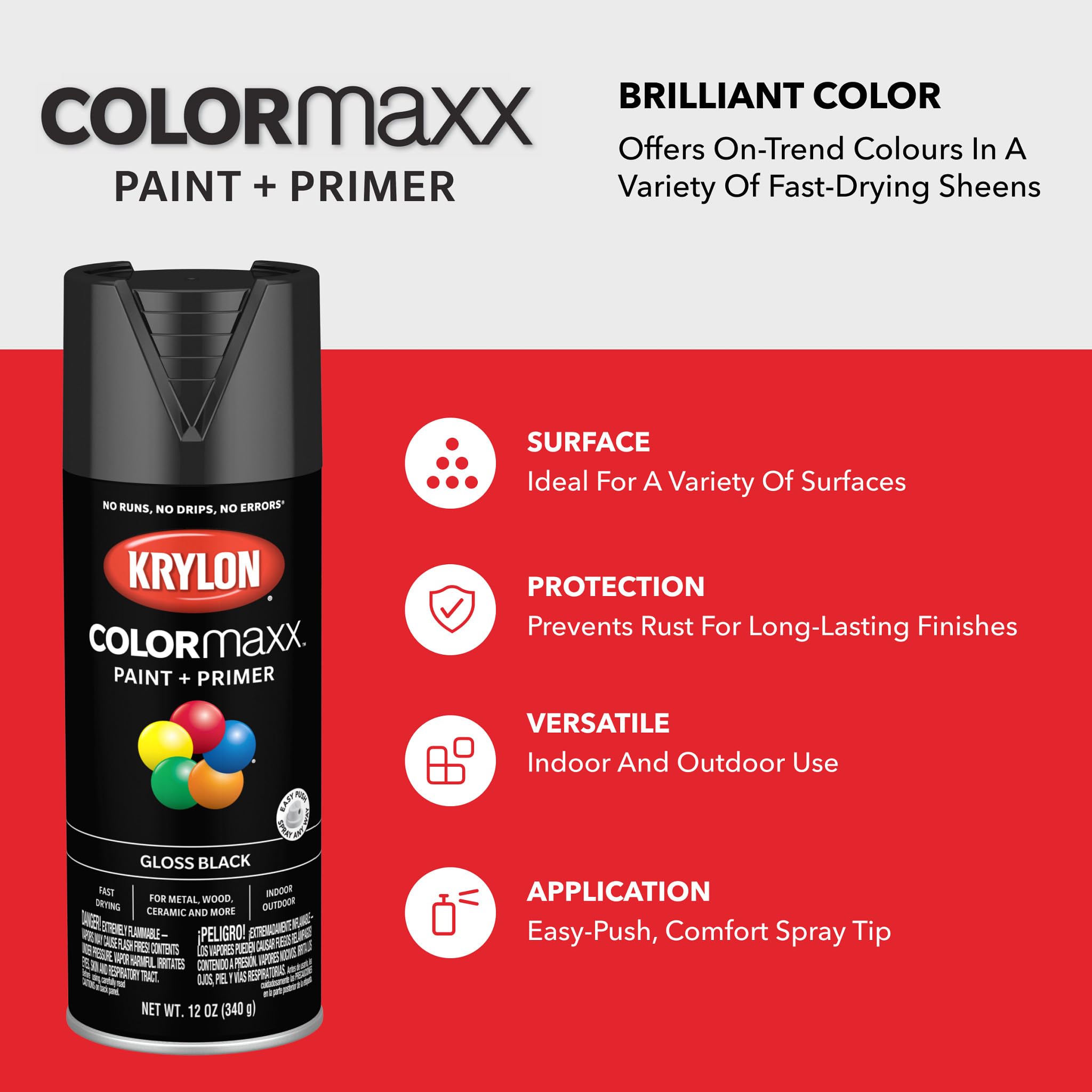 Krylon K05505007 COLORmaxx Spray Paint and Primer for Indoor/Outdoor Use, Gloss Black 12 Ounce (Pack of 1)
