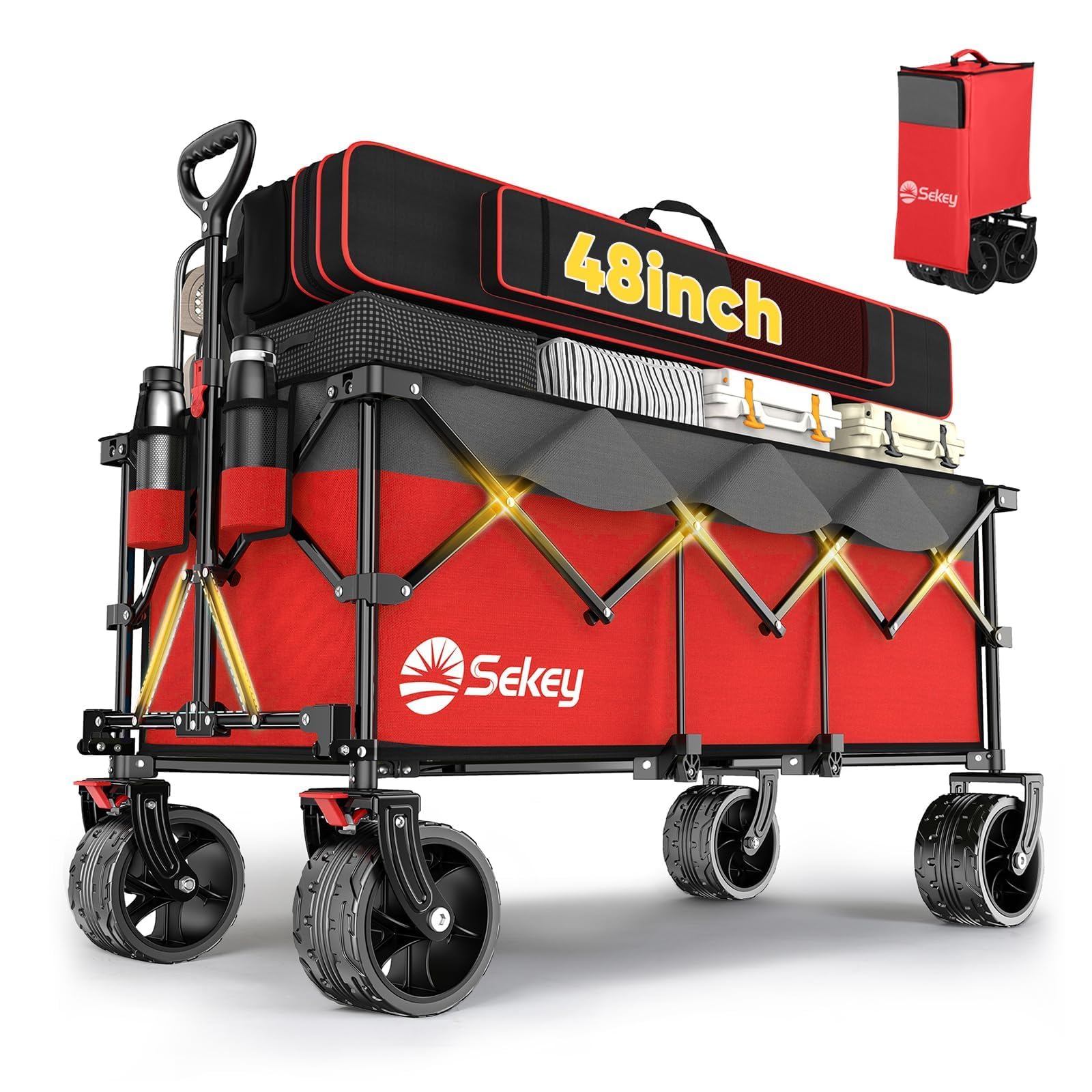 Photo 1 of ***UNCLEAN*** Sekey 48''L Collapsible Foldable Extended Wagon with 440lbs Weight Capacity, Heavy Duty 300L Folding Utility Garden Cart with Big All-Terrain Beach Wheels & Drink Holders. Red&Grey