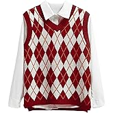 Hyipels Sweater Vest Women,Sleeveless V Neck Argyle Plaid Long Preppy Loose Knitted Casual School Sweaters Tank Top