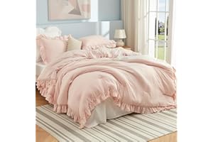 Pink Ruffled Fulll Size Comforter Set, 3PCS Soft Washed Microfiber Lightweight & Fluffy All-Season Bedding Comforter with Vin