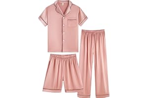 OEIU Girls Boys Silky Satin Pajamas Set 3 Pcs for Kid Children Silk pjs Set Sleepwear Button-up Nightwear