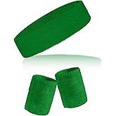 Sucrain 3 Pieces Sweatbands Set, 1 Pieces Sports Headband and 2 Pieces Wristbands, Wicking Sweat Head Band for Men Women Outfit Sport