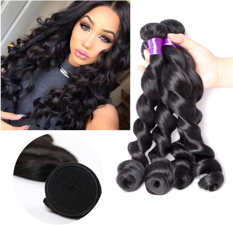 Shengqi Hair Grade 10A Loose Wave Brazilian Virgin Human Hair Bundles Mixed Length 18 20 22 24 inch Remy Hair Extensions Brazilian Hair Weave Nature Black Color (100g+/-5g)/pc Total 4pcs
