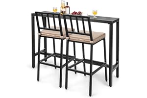 COSTWAY 3 Piece Outdoor Patio Bar Set, 55" Rectangular Pub Height High Top Bar Table with 2 Cushioned Bar Stools, Metal Bar Table and Chairs Set for Balcony, Backyard, Porch