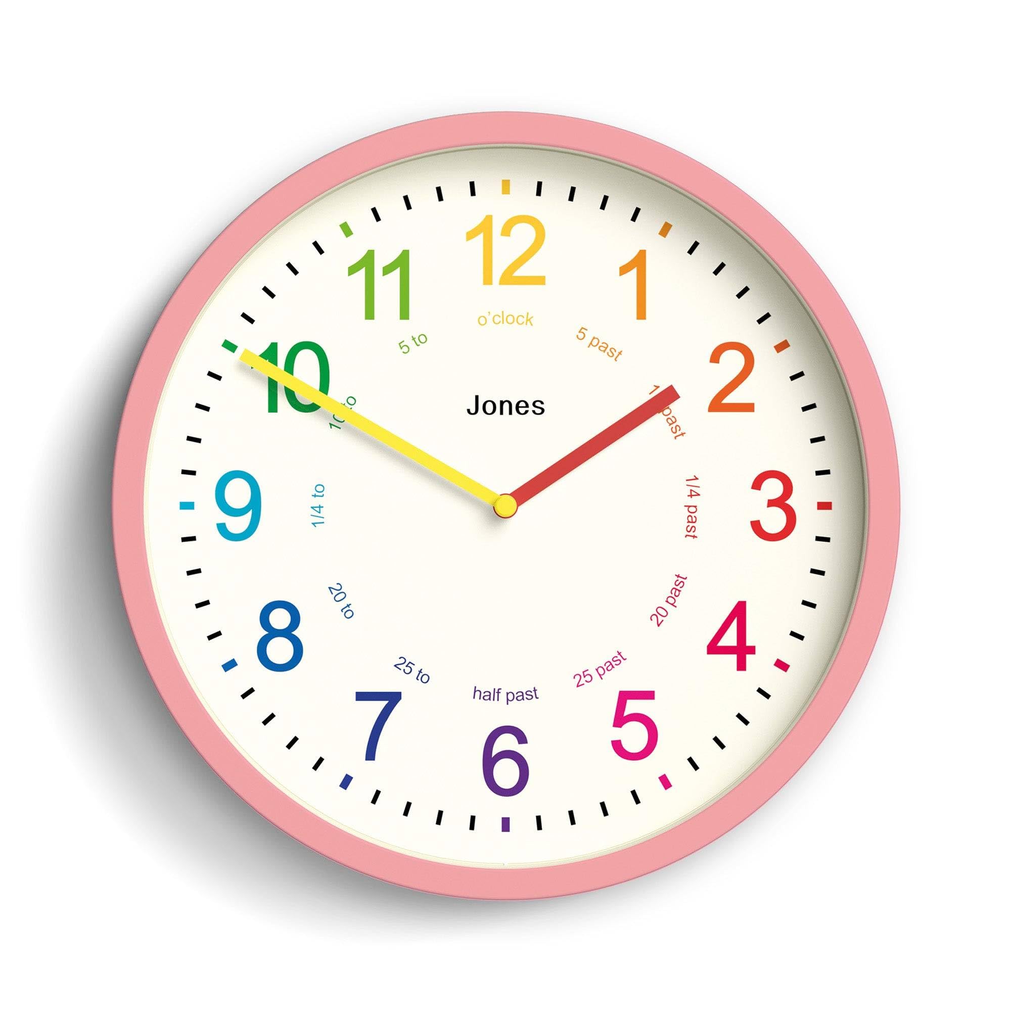 Jones Clocks® Kids wall clock | Small modern children’s clock | 25cm | Pink | Colourful numbers | Learn to tell the time
