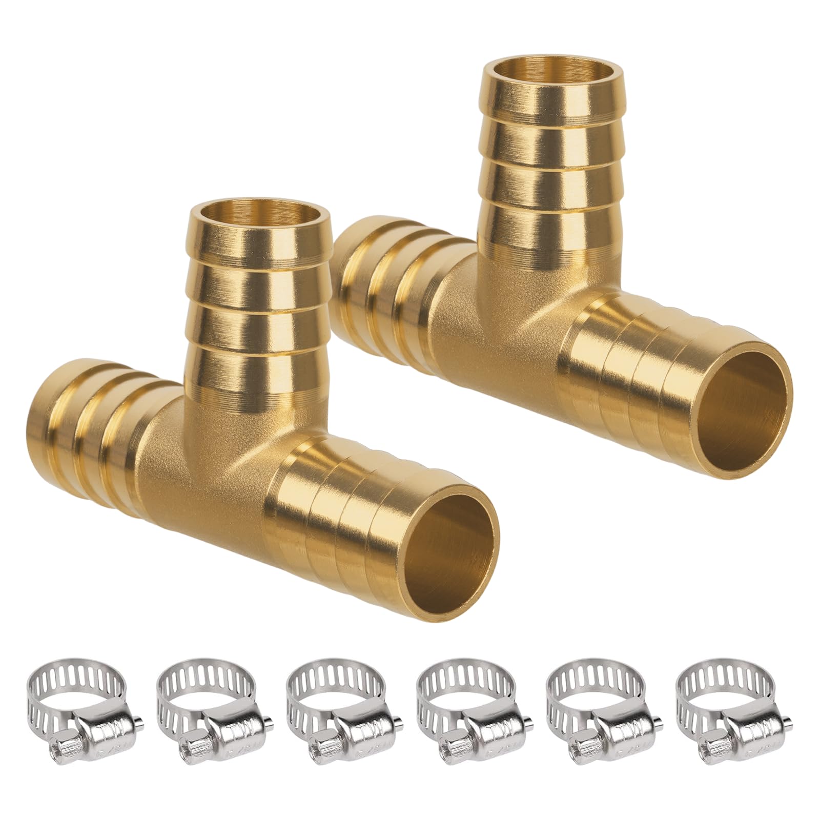 Photo 1 of JUWO 5/8" Hose Tee Barb, Brass Hose Barb Fittings, 3 Way Union Intersection Adapter for Air, Water, Fuel Line, 6 Stainless Steel Clamps Included, Heavy-Duty and Leak-Free, 2 Pack