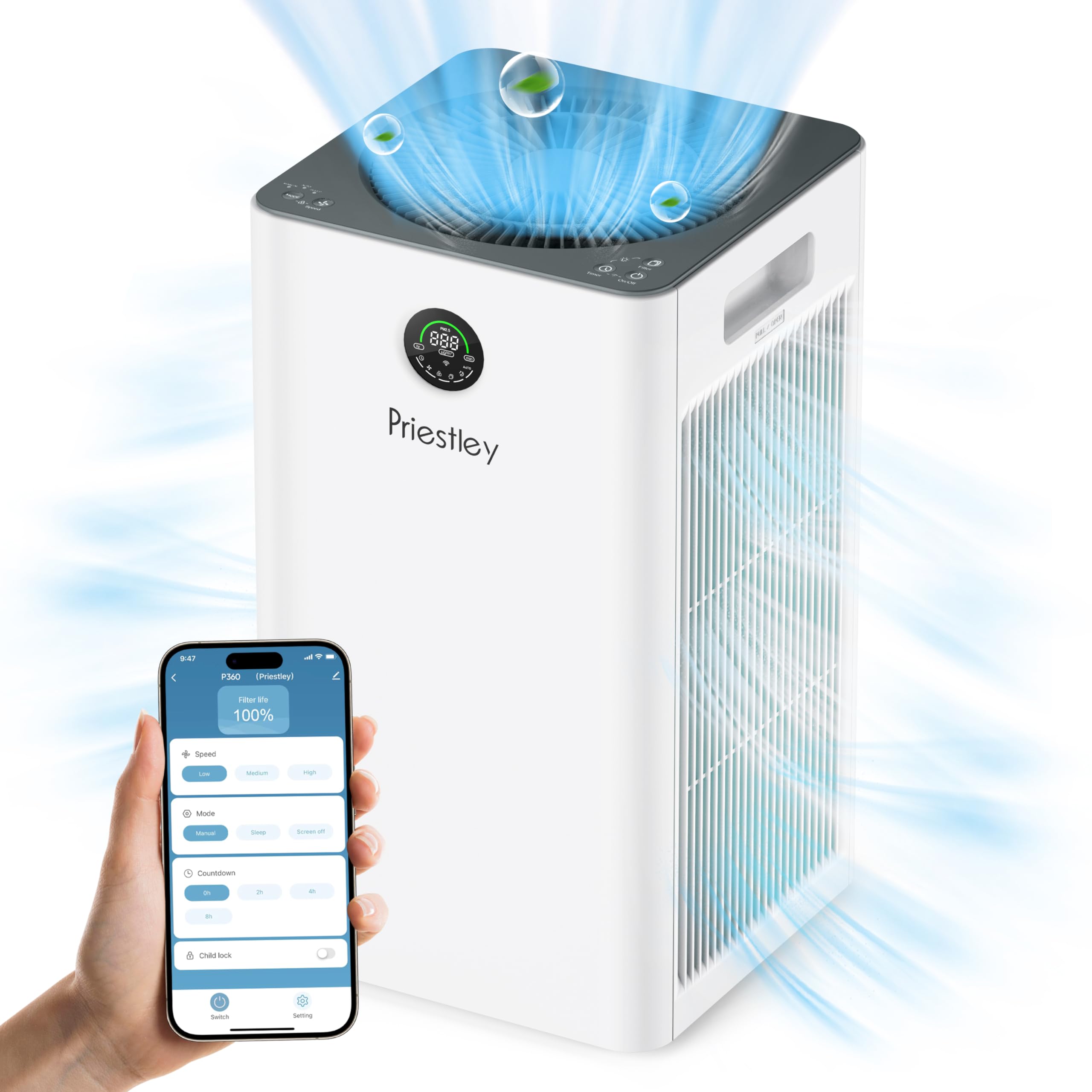 Priestley Air Purifiers for Home Large Room up to 1500 sq ft, Smart Control Air Purifier, True HEPA Filter Air Cleaner Removes 99.97% of Particles, Dust, Allergies Pets Odor, 22dB Quiet Sleep Mode