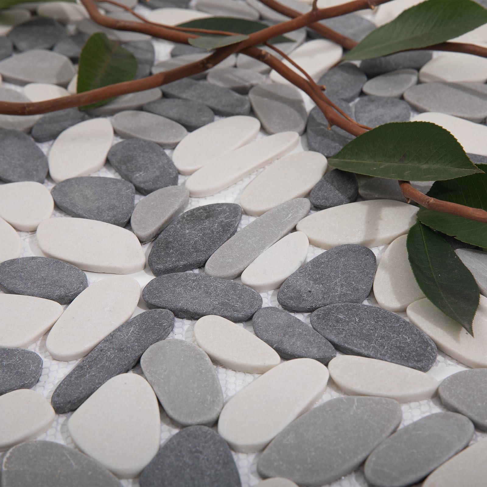 Photo 1 of Adolif Pebble Tile for Shower Floor, Grey Long Oval Pebble Mosaic Backsplash for Kitchen Bathroom Wall and Floor Tile and Outdoor Areas, 5 Sheets