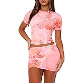 XIITYMU Womens Sets 2 Piece Outfits Crew Neck Print Short Sleeve Crop Tops for Women and Bodycon Mini Skirt Set