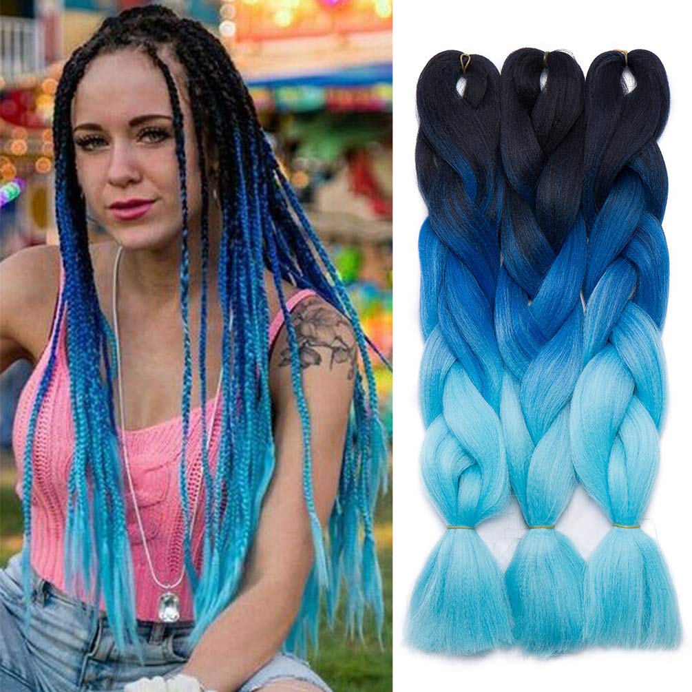 3 Pieces Colorful Jumbo Braiding Hair Extensions 3 Tone Ombre Synthetic Braiding Hair Extension 24 inches Black to Dark Blue to Sky Blue