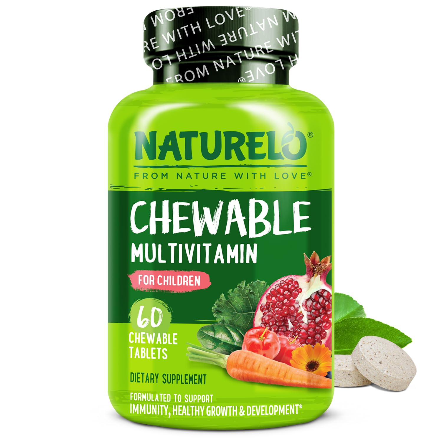 NATURELO Chewable Vitamin for Kids – Multivitamin with Whole Food Organic Fruit Blend - 60 Tablets for Children