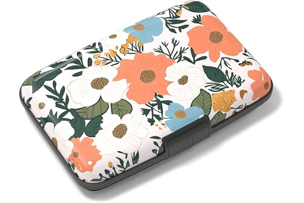 Rimilak Aluminuml Credit Card Holder, Mini Credit Card Wallet RFID Blocking Slim Metal Hard Case for Women Men, Orange Flower
