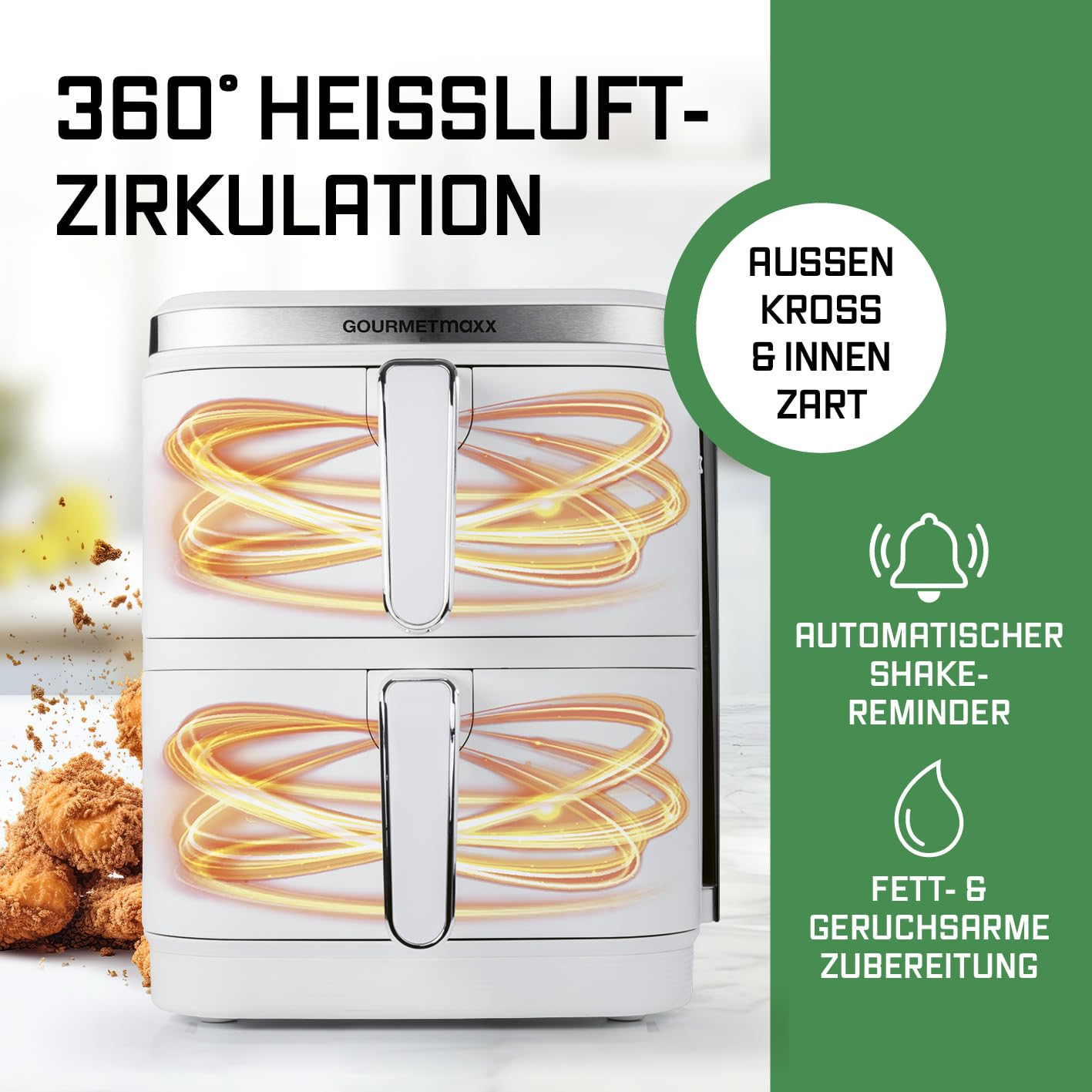 GOURMETmaxx FryUp Vertikale Doppelkammer Heißluftfritteuse | vertikaler Airfryer | klappbares Touchdisplay | 32% platzsparender | Fassungsvermögen 10L | Heißluftfritteuse 2 Kammern 5