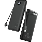 VRURC Fast Charging Portable Charger Power Bank AC Plug &amp; Built-in Cables | Slim battery pack PD 20W for business travel,compatible with iPhone &amp; Samsung,Black