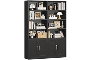 FACBOTALL Bookshelf and Bookcase with Doors, 6 Tier Double Wide Large Bookshelves, Open Display Shelves, 73'' Tall Bookshelf with Storage Cabinets for Home Office, Living Room, Library, Black