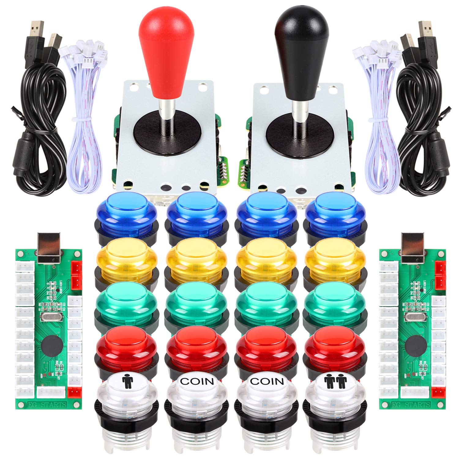 EG STARTS 2 Player LED Arcade DIY Parts 2X USB Encoder + 2X Ellipse Oval Style Joystick + 20x LED Arcade Buttons for PC MAME Raspberry Pi Windows System (Mixed Color Kit)