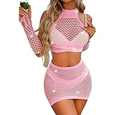 Kaei&Shi Rave Outfits for Women Festival,Glitter Rhinestone Fishnet Skirt Set,Sexy Mesh Swimsuit Cover Up Pool Party Outfit