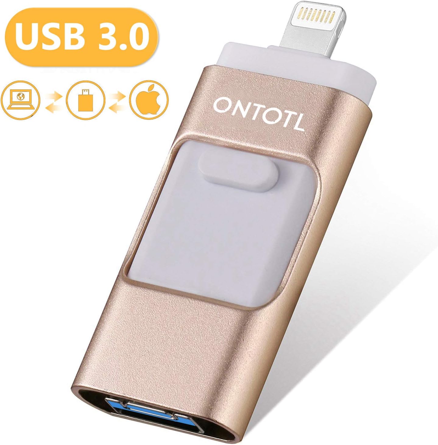 USB Flash Drives Compatible iPhone/iOS 128GB [3-in-1] Lightning OTG Jump Drive, ONTOTL USB 3.0 Thumb Drive External USB Memory Storage, Flash Memory Stick Compatible Apple, iPad, Android & PC (Gold)