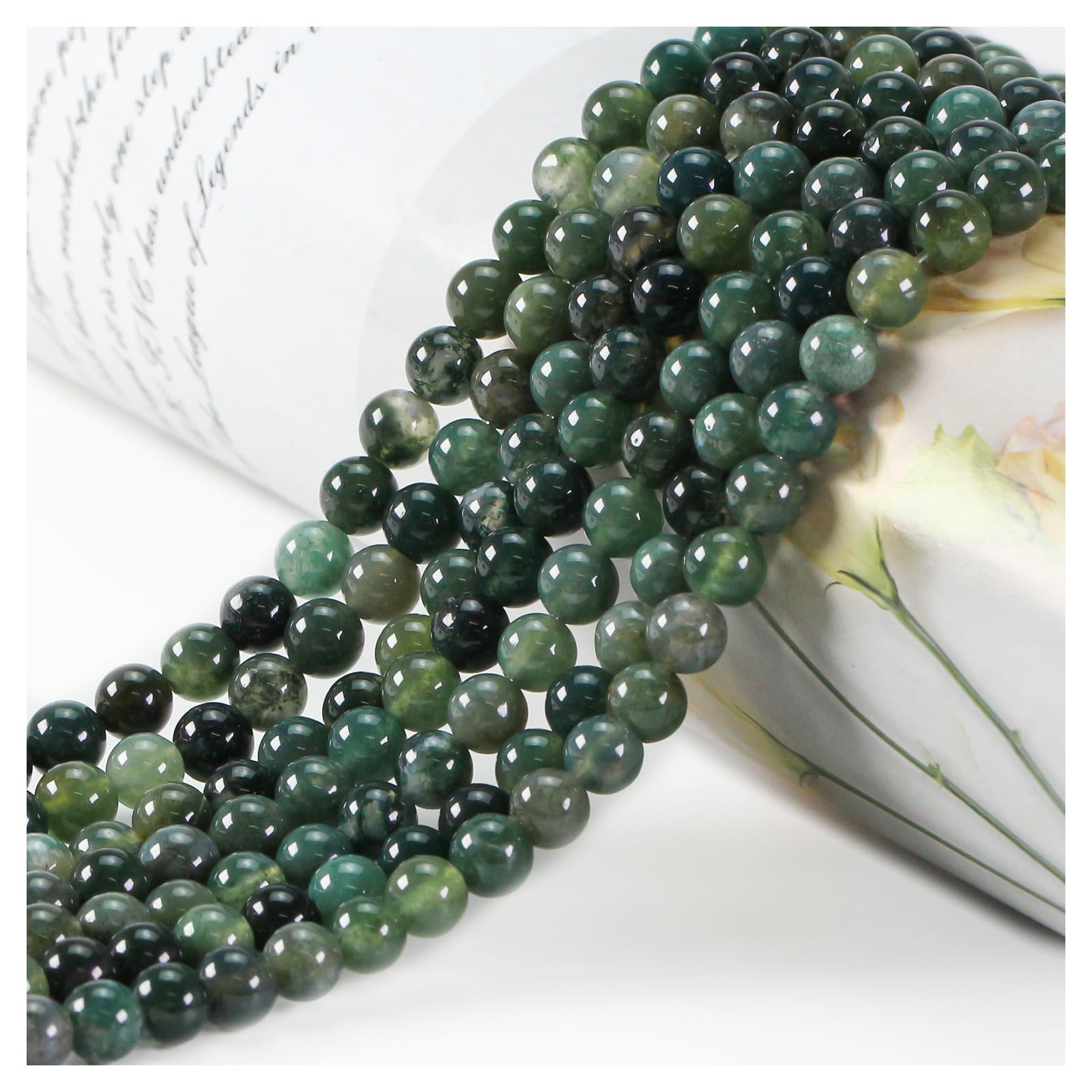 Ouubuuy Moss Agate Crystal Beads, 4mm Round, 85pcs, Gemstone, Jewellery Making Beads