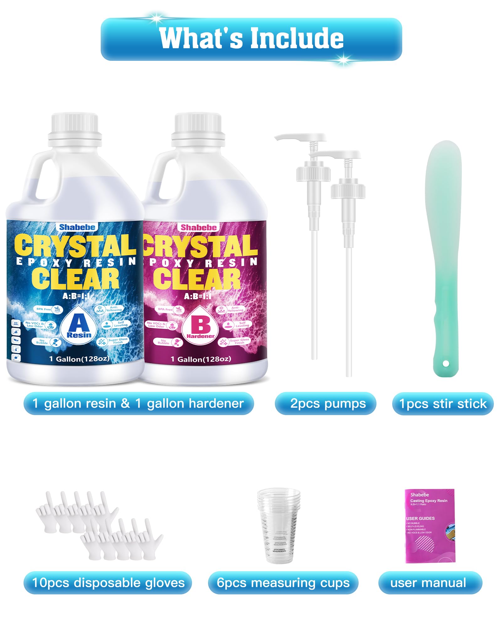 Shabebe Epoxy Resin 2 Gallon Kit, Upgraded Crystal Clear Resin Epoxy Food Safe with Pump, Self Leveling & Bubble Free High-Glossy with Anti-Yellowing for Coating, Casting, Jewelry Making, DIY Craft