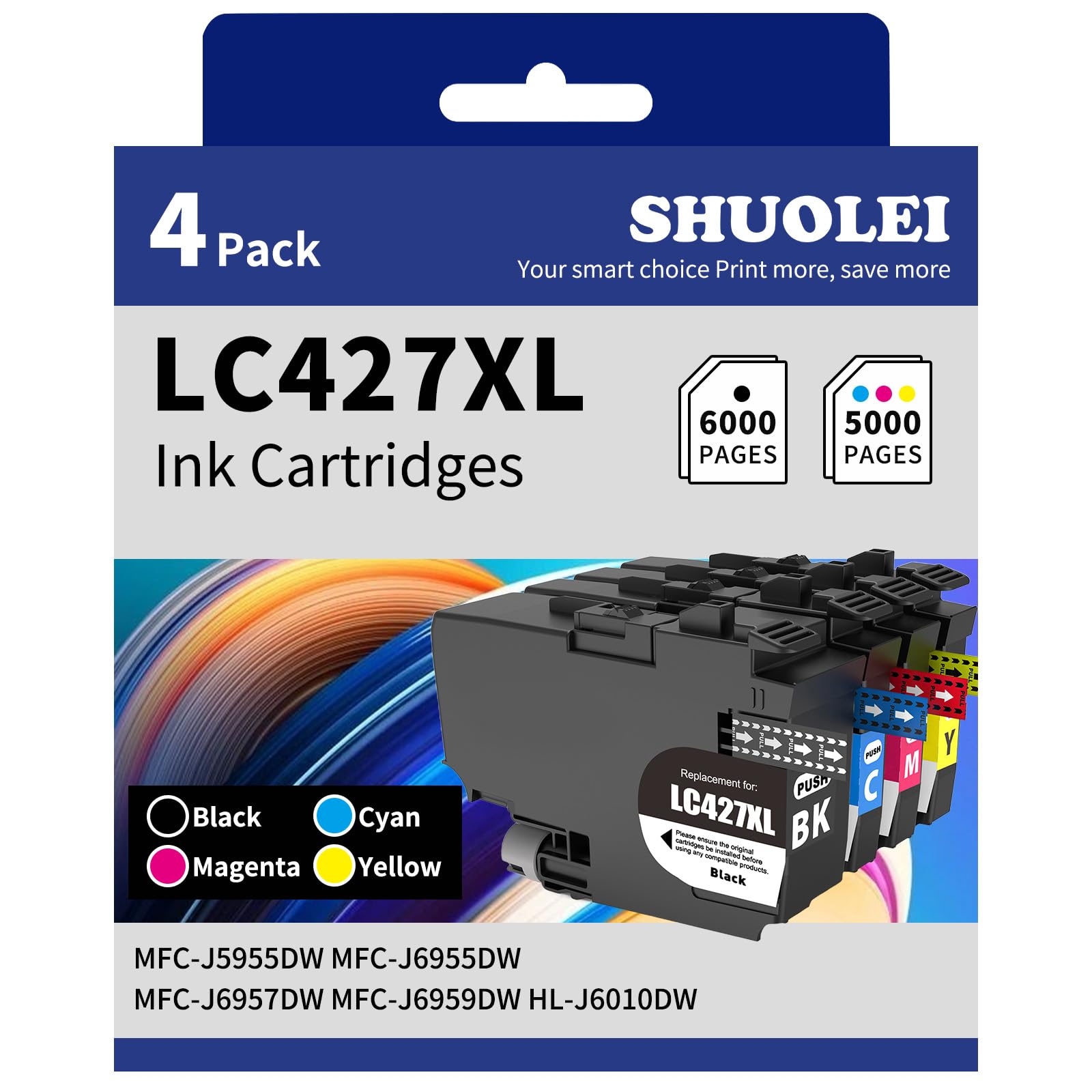 SHUOLEI LC427XL Ink Cartridges Compatible with Brother LC-427 XL LC427 Inkjet Cartridges Multi-Pack High Yield, for HL-J6010DW MFC-J5955DW MFC-J6955DW MFC-J6957DW MFC-J6959DW (4 Pack - BK C M Y)
