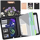 KLLVE Clipboard with Storage for Men Women, Leather Padfolio Portfolio with Zipper, 1 Inch 3 Ring Binder 5 Dividers, Notepad for Letter Size, Elastic Closure and Pen Loop, Card Slot Black Flower