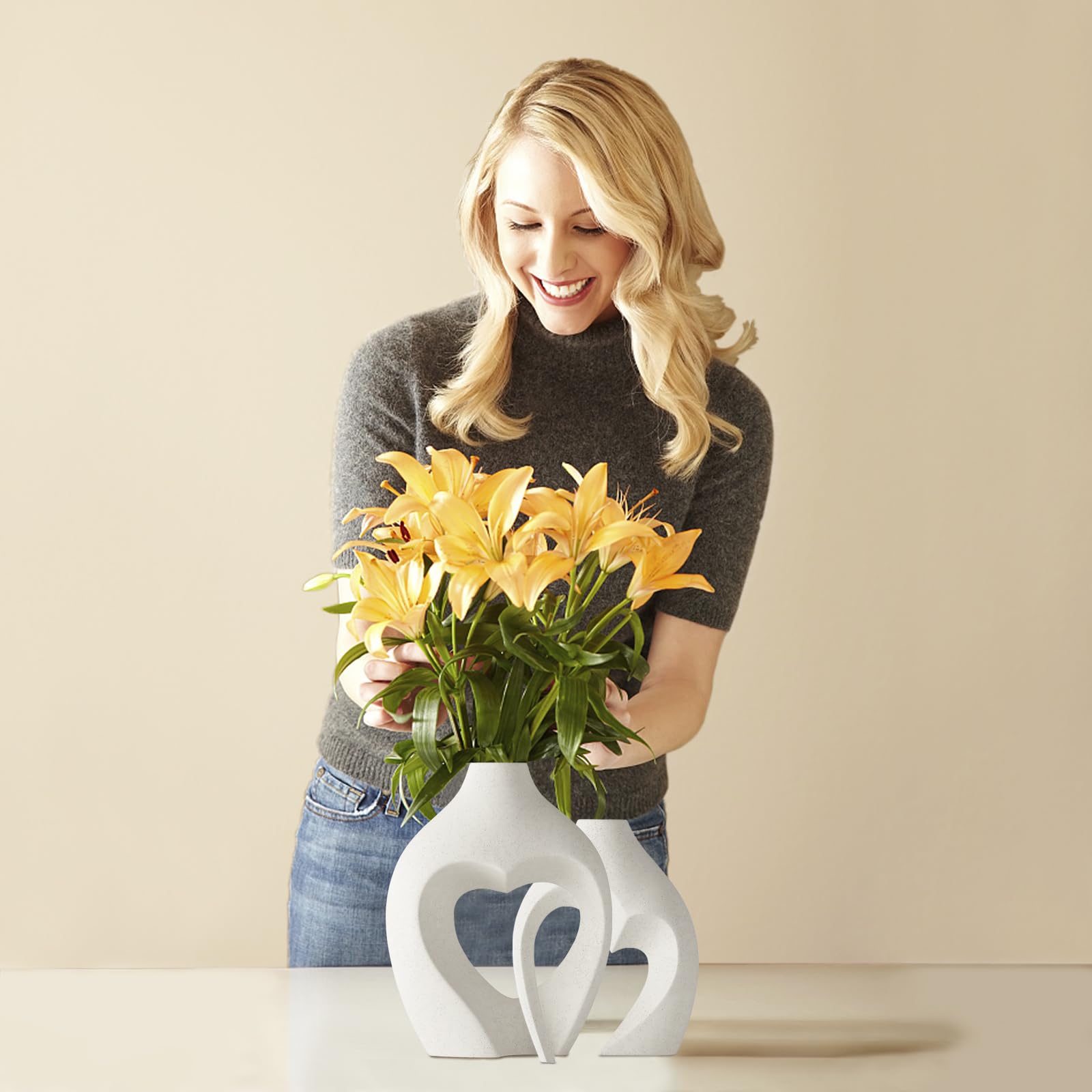 Zormon White Vases for Decor, Heart Shaped Ceramic Vase Set of 2, Nordic Heart Shaped Vases, Minimalist Decorative Vase for Table Centerpiece Wedding Dining Living Room Office House Decoration - Image 8