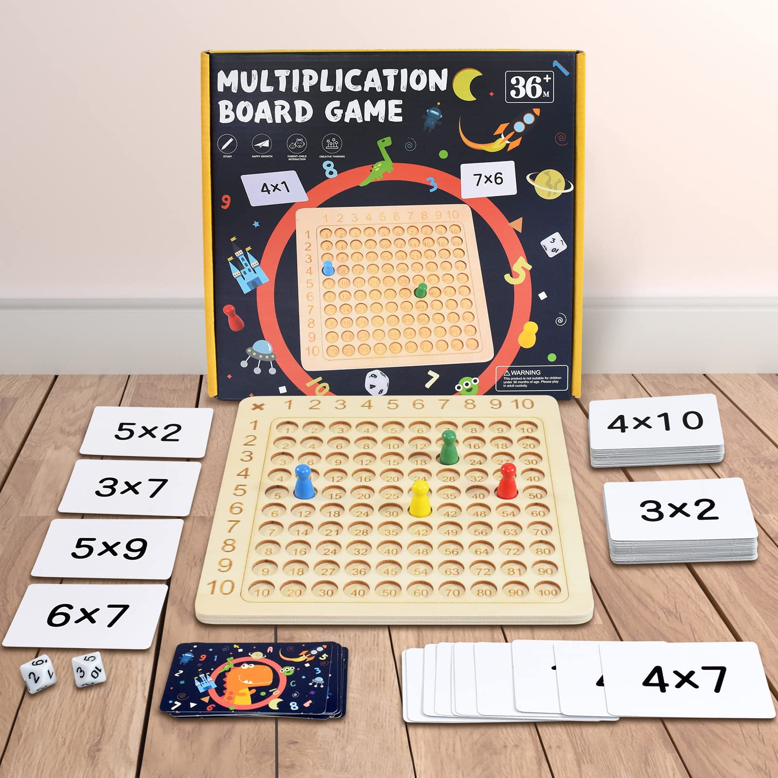 BAKAM Wooden Multiplication Board Game for 2-4 Players, Math Manipulative Set with 100PCS Flash Cards for Kids 6-8 Years Old, Montessori Counting Toy for Boys Girls