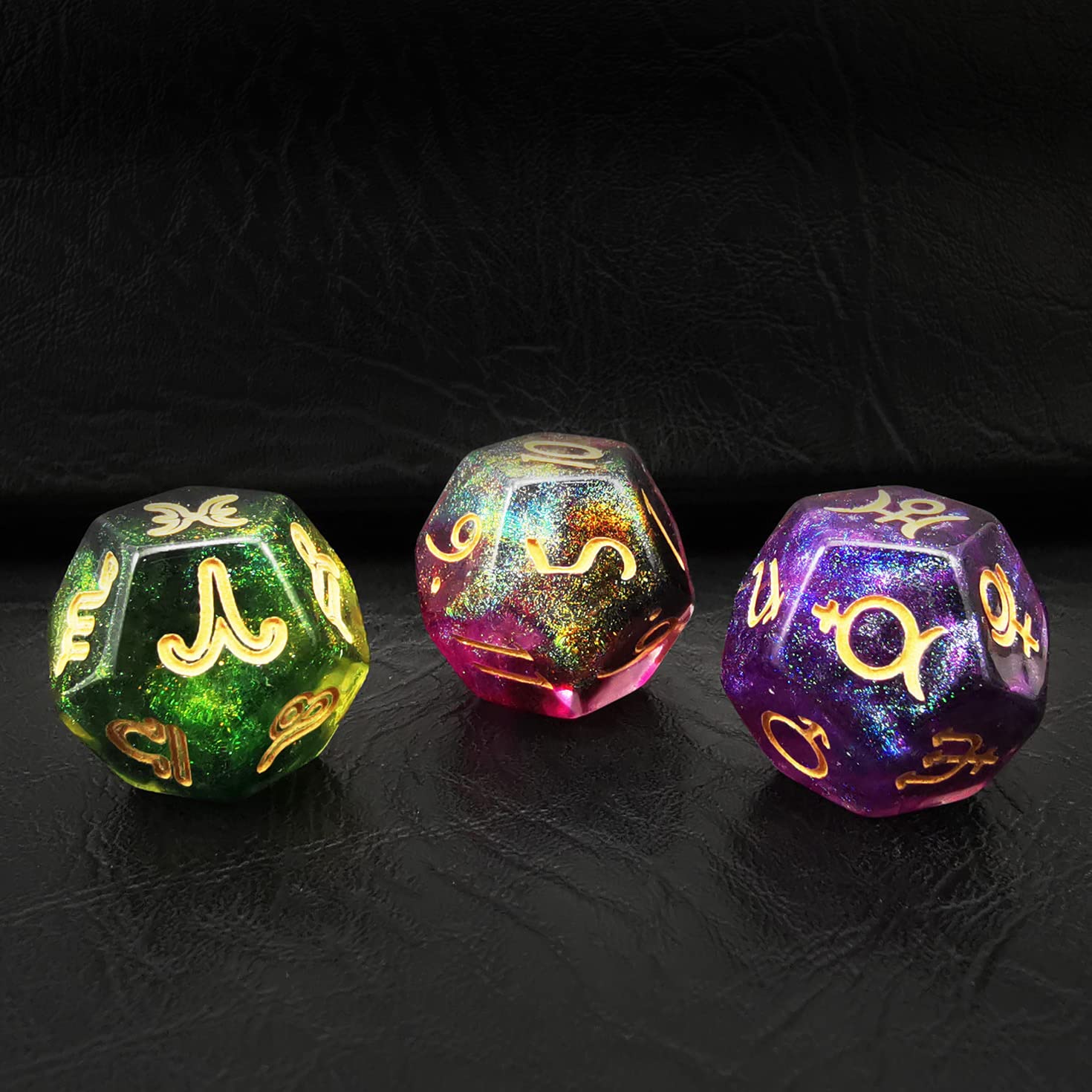 Bescon 3 Pieces Astrological Dice Set, Constellation Divination D12 Dice, 3 Colors Magical Stone Effect — image 1