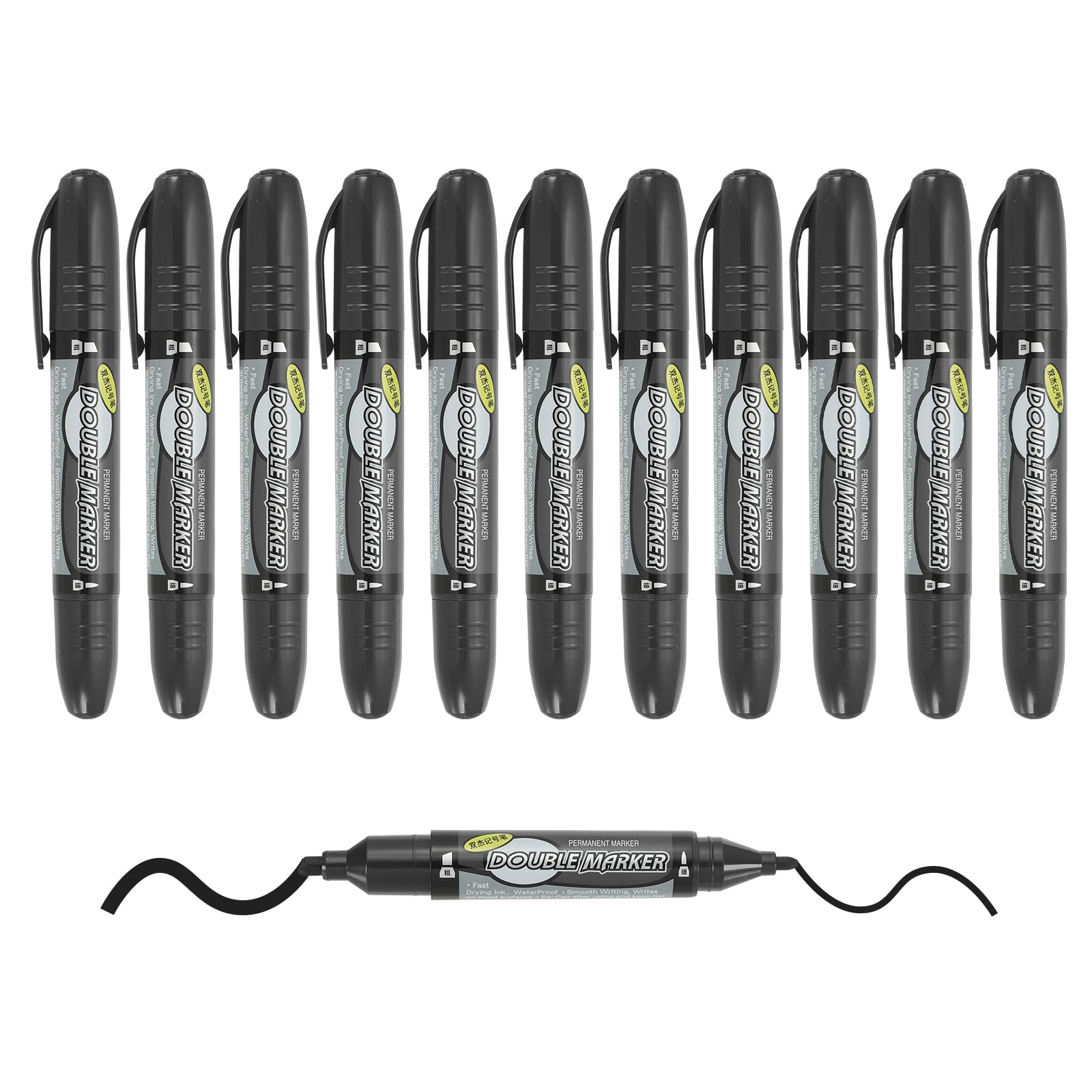 M&G Permanent Markers Dual Point Tip, 12 Pack Quick Dry Waterproof Fiber Tip Pens for Paper, Glass, Plastic, Wood, Stone, Metal Surface, Black