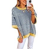 XINWEIZZ Oversized T Shirts for Women Casual Short Sleeve Striped Knit Shirt Crewneck Sweatshirts High Low Loose Blouse Tops