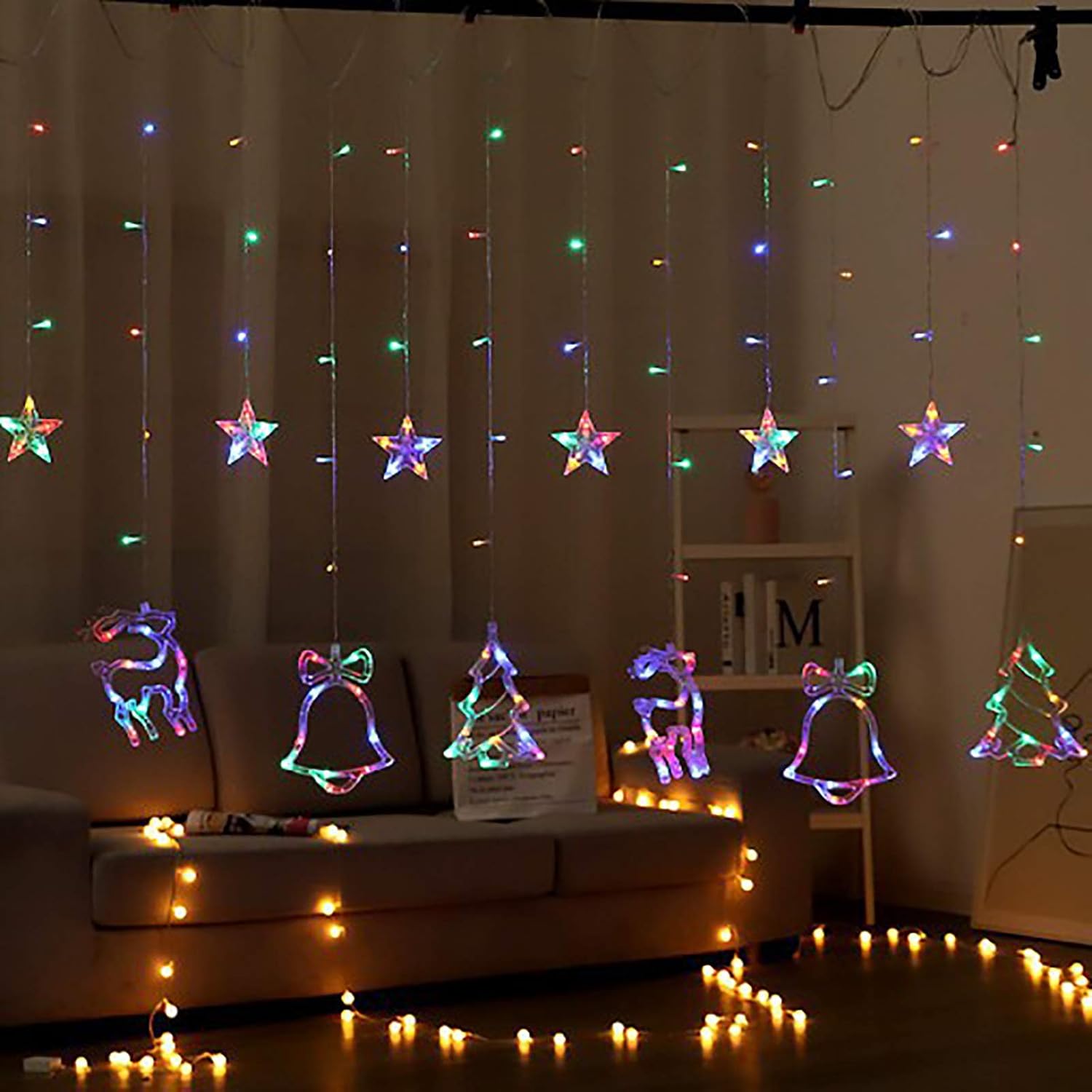 YNNY Christmas Led Curtain Lights Christmas Tree Elk Bell