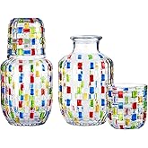 KFOSO Bedside Carafe and Glass Pitcher Set of 4, Gifts for Women, Hand-Painted 16oz Glass Pitcher with Cup Lid -Christmas Gifts, Wedding & Bridal Shower Gift, Birthday Gift