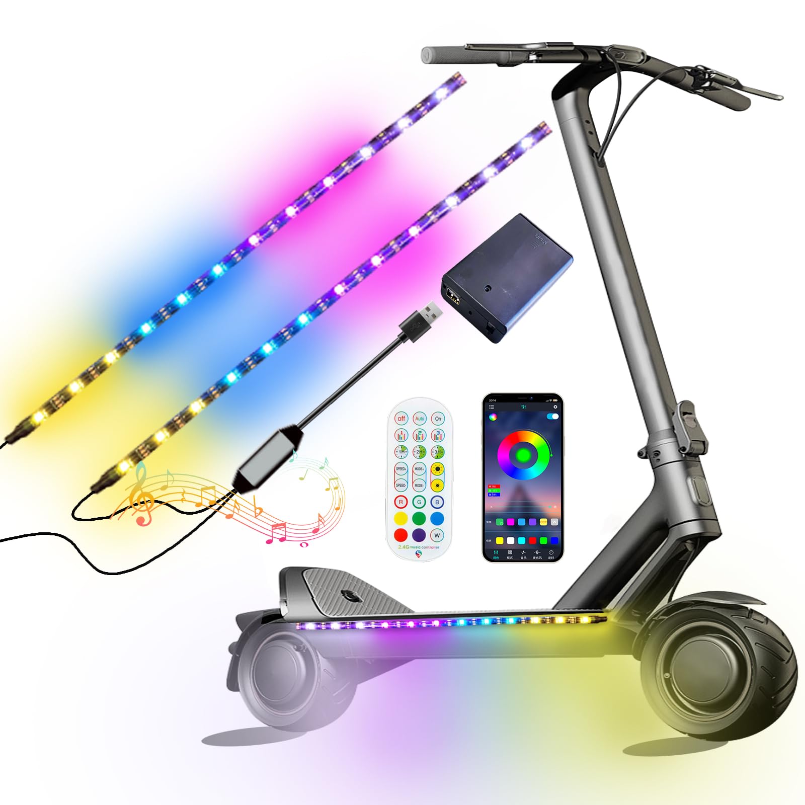 Photo 1 of 2 Strip Electric LED Music Sync Multicolor Lightning Changing Scooter Skateboard Bicycle Riding Lights Wireless Battery Powered USB Remote APP Bicycle Scooter Lights