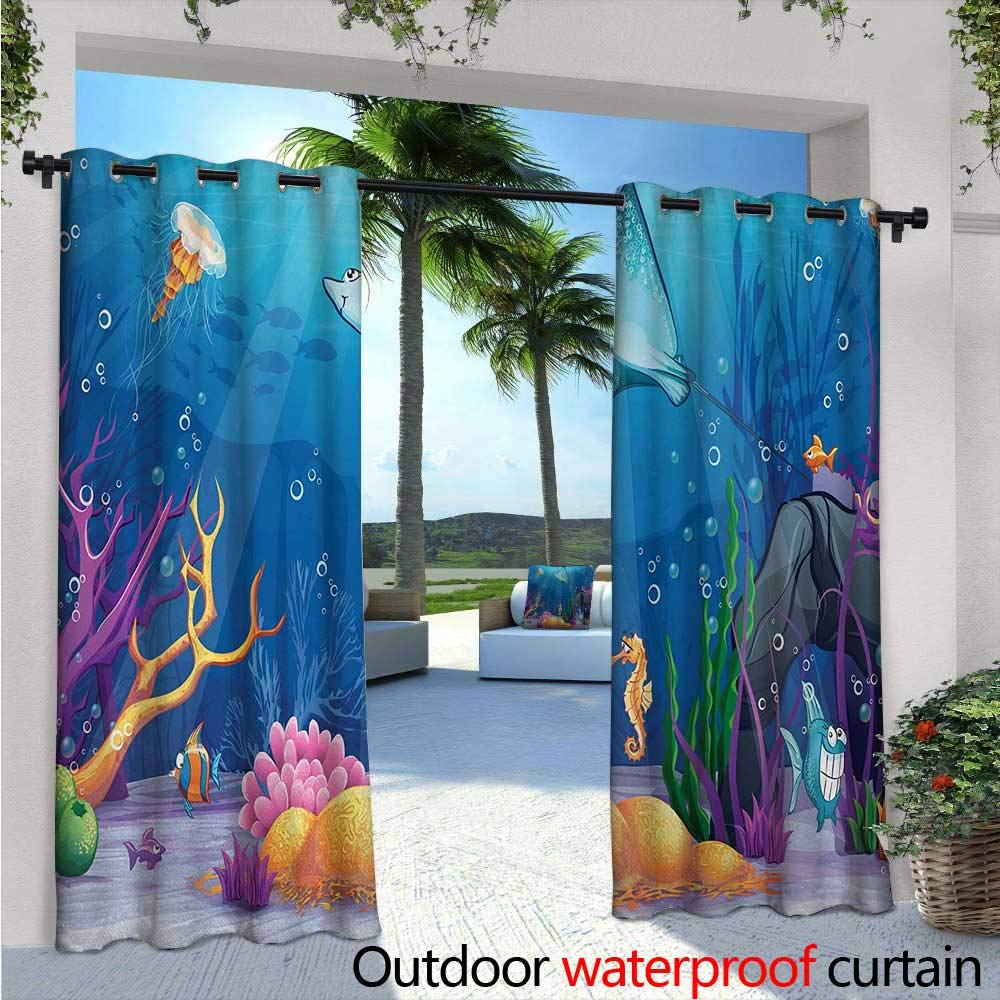 Ocean Patio Curtains Sealife Theme with Sea Animals Shells Stars and Striped Backdrop Art Outdoor Curtain for Patio,Outdoor Patio Curtains W108 x L84 Golden Navy Blue and White