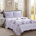 Cozy Line Home Fashions 100% Cotton Hand Pieced Real Patchwork Floral Scalloped Edge Country Quilt Bedding Set, Reversible Coverlet Bedspread for All Seasons (Love of Lavender, Queen - 3 Piece)