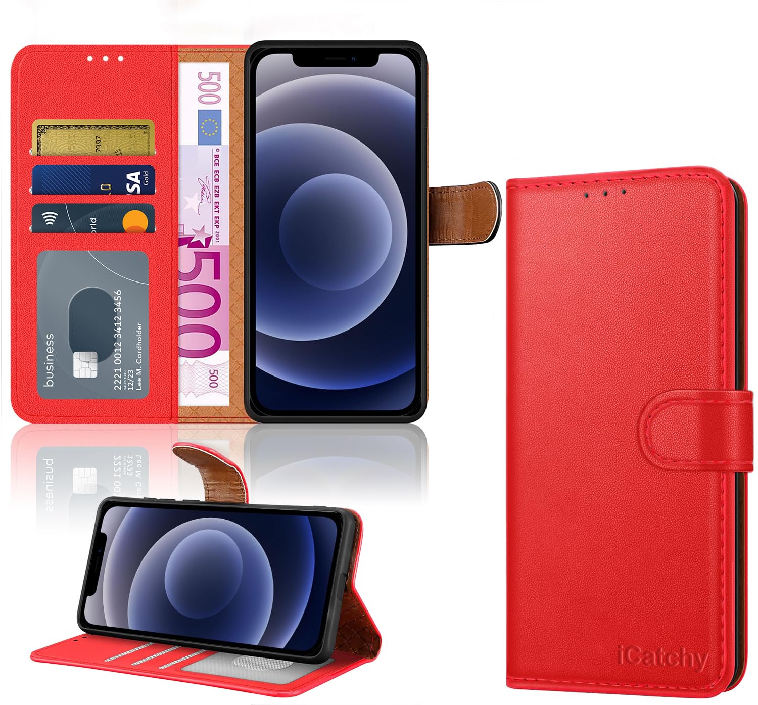 iCatchy for iPhone 12 Case/iPhone 12 Pro case Leather Wallet Book Flip Folio Stand View Case Compatible with iPhone 12 / iPhone 12 Pro (6.1'') Phone Cover (Red)