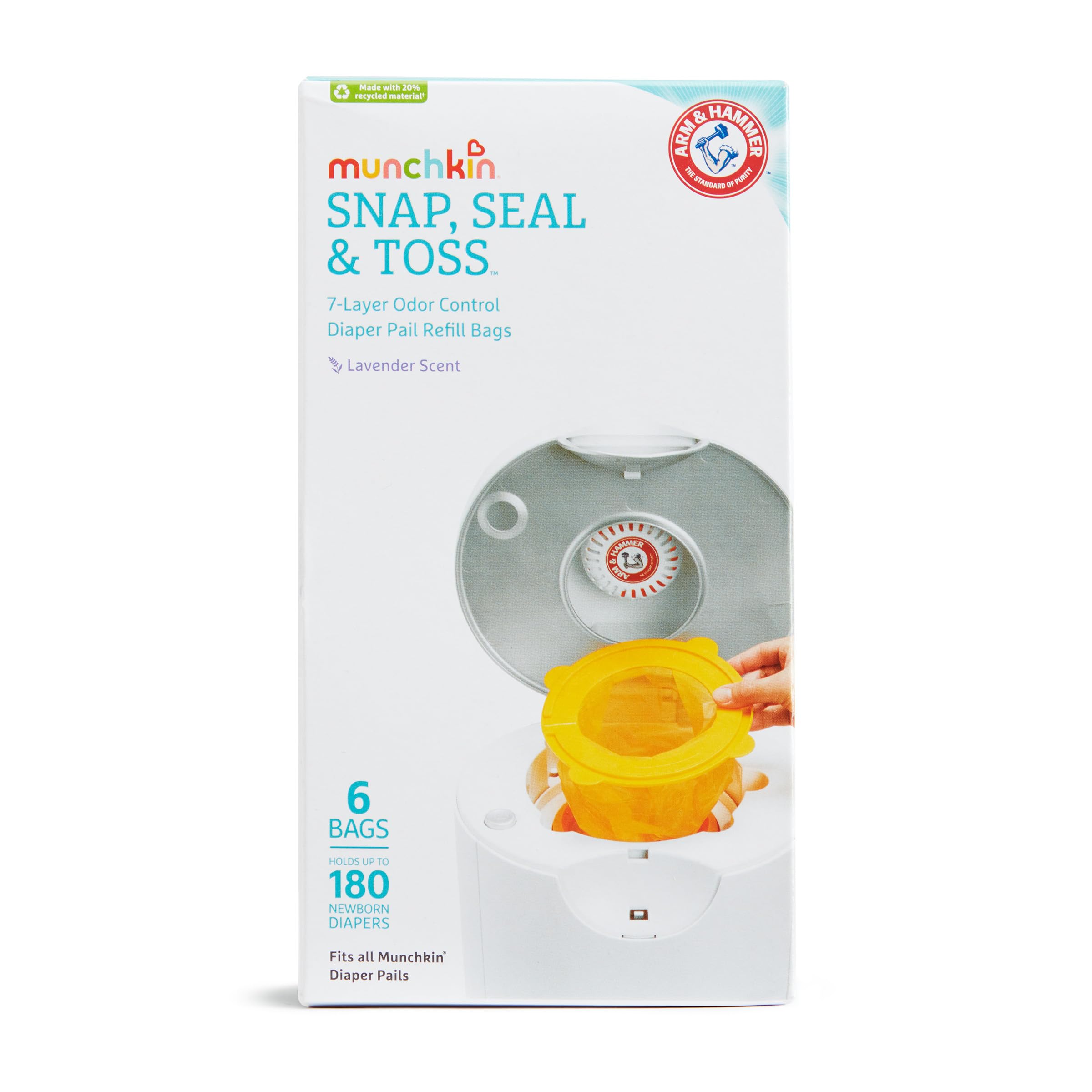 Photo 1 of Munchkin® Arm & Hammer Diaper Pail Snap, Seal & Toss™ Refill Bags, Holds up to 180 Newborn Diapers, 6 Pack sealed 