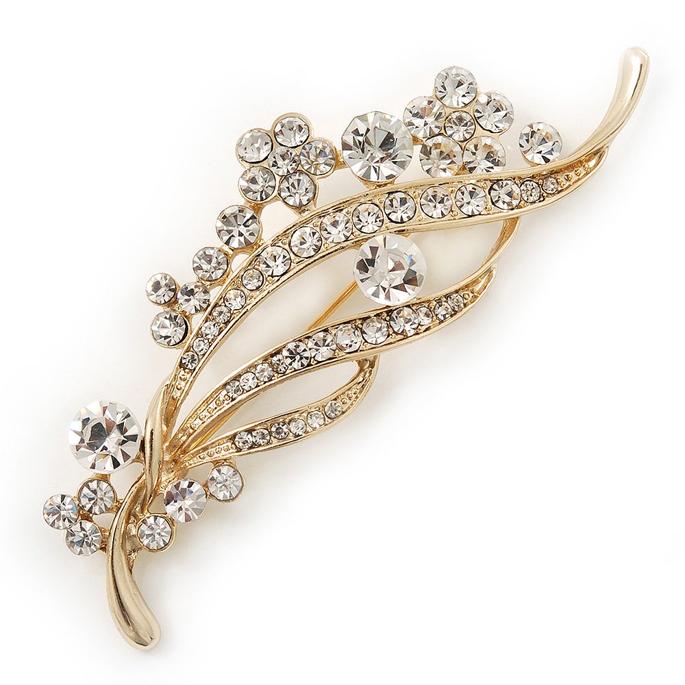 Clear Diamante 'Floral' Bridal Brooch In Gold Plating - 8cm Length