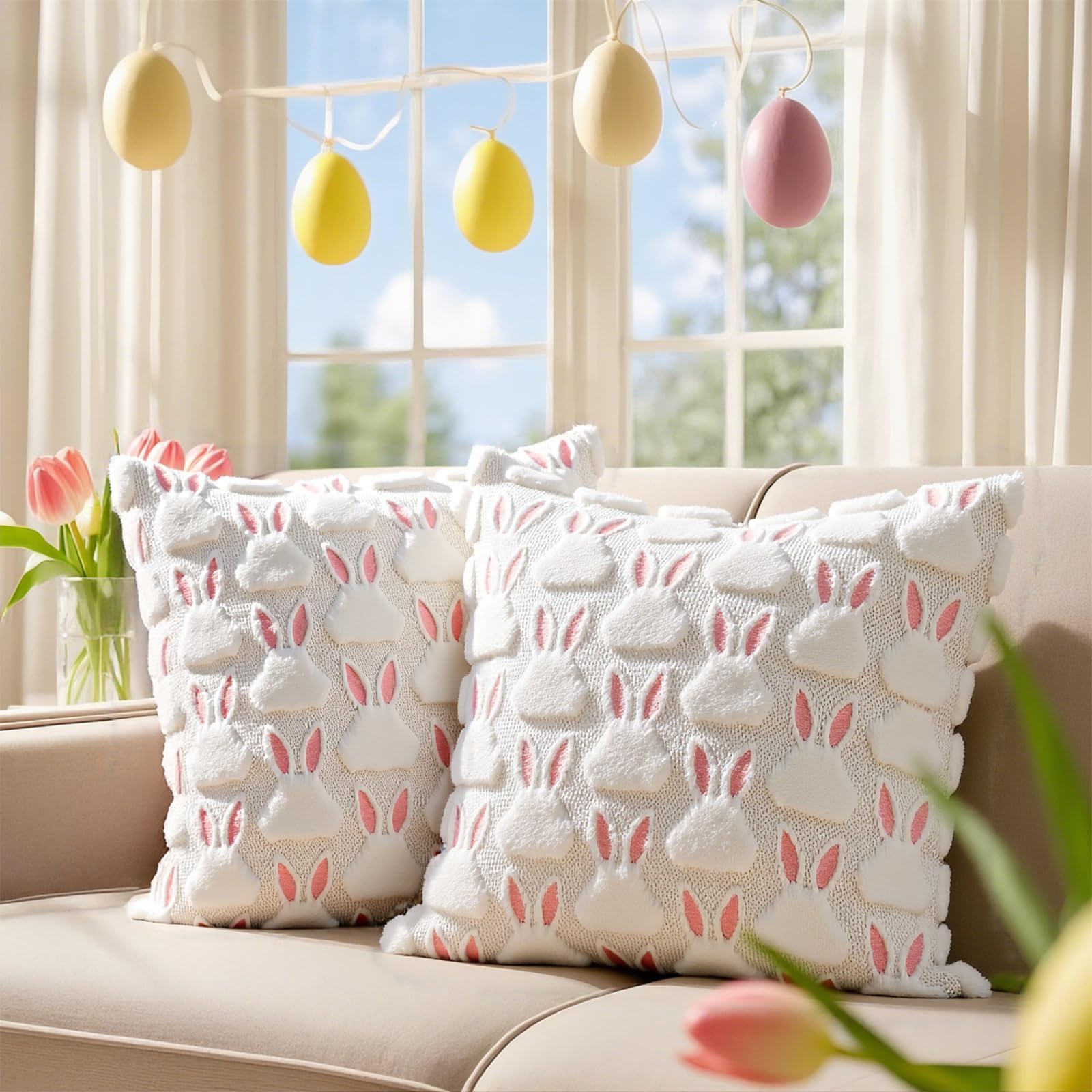 Photo 1 of AONSOULE Easter Pillow Covers 18x18 Set of 2 – Pink Ears White Rabbit Soft Plush Faux Fur Cushion Covers with Hidden Zipper – Easter Decorations for Home, Spring Pillow Cover for Bedroom Sofa
