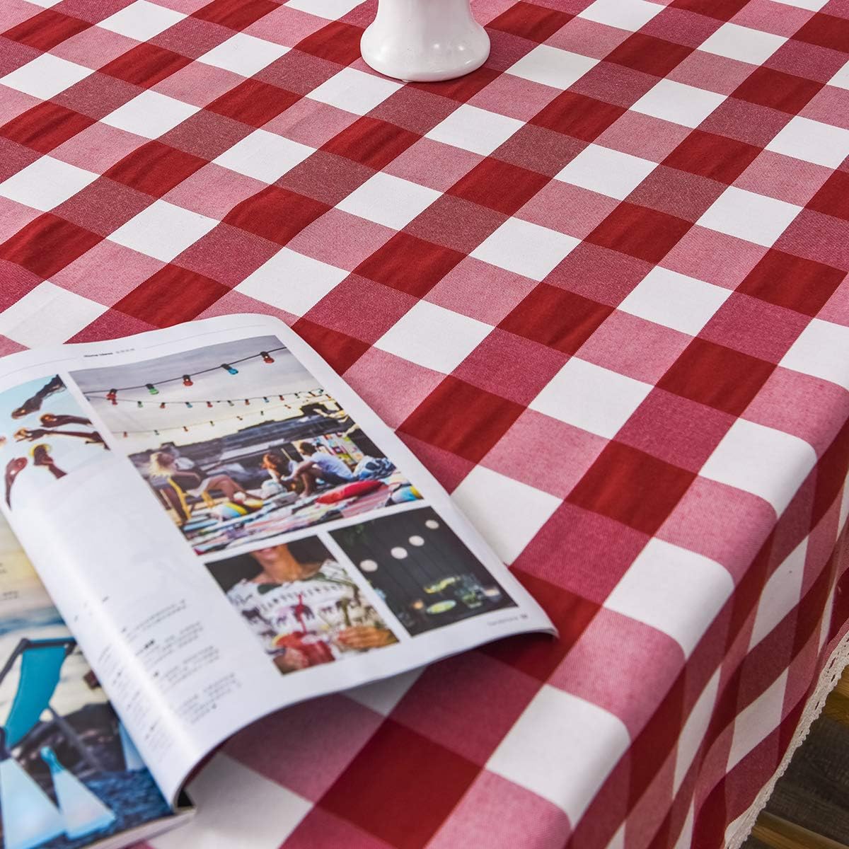BEBEN Lace Checkered Tablecloth,Spillproof and Washable Polyester Table Cloth for Rectangle Tables,52-Inch-by-70,Red and White Checkered,Seats 4 to 6 People: Kitchen & Dining